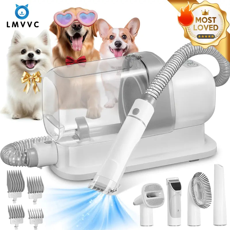 LMVVC Adjustable Deshedding Vacuum Pet Grooming Kit - Grooming Products with Deshed Tool, Trimmer, Fabric Brush, Slicker Brush, Nozzle Head, 99% Hair Capture, Low Noise, 2.3L Collector, Medium-Length Hose (Under Hair Dryer) for Dogs & Cats