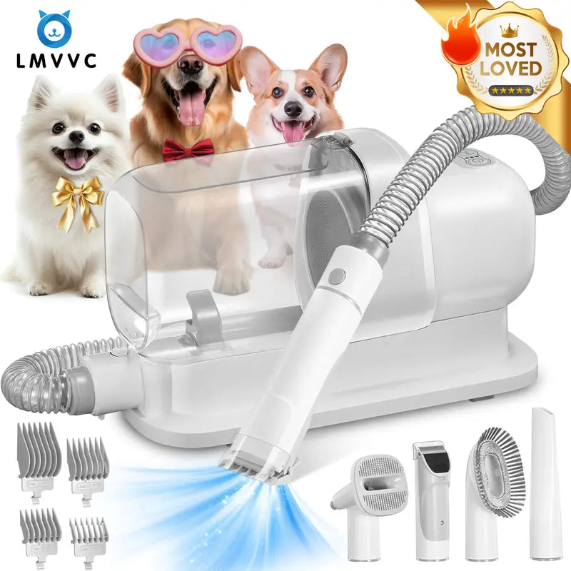 LMVVC Adjustable Deshedding Vacuum Pet Grooming Kit - Grooming Products with Deshed Tool, Trimmer, Fabric Brush, Slicker Brush, Nozzle Head, 99% Hair Capture, Low Noise, 2.3L Collector, Medium-Length Hose (Under Hair Dryer) for Dogs & Cats